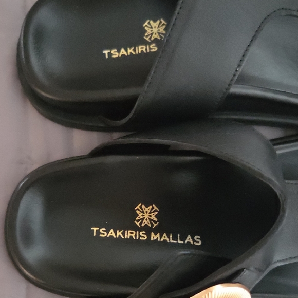 Chic Black Leather Sandals with Gold Buckle (New) - Picture 2 of 7